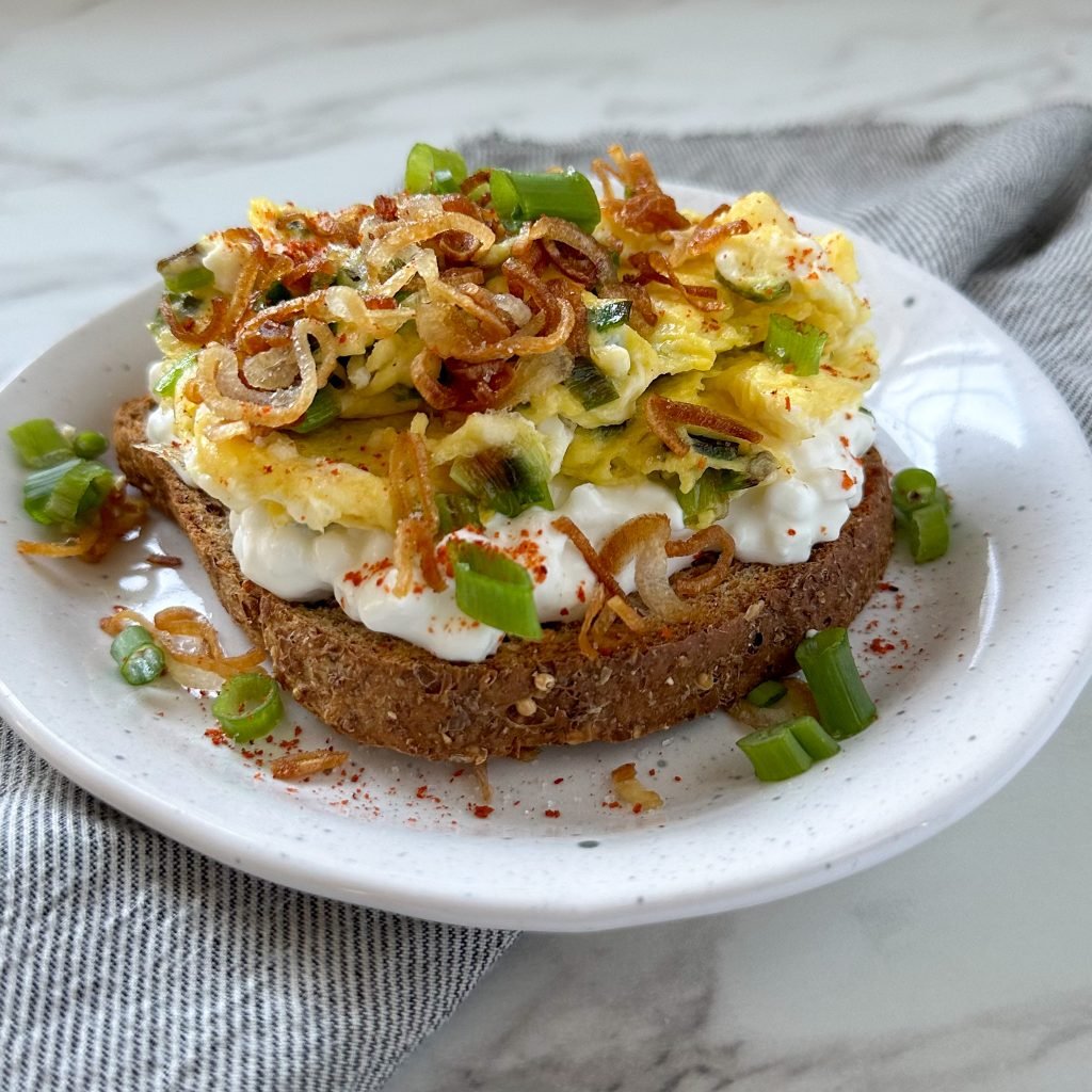 Cottage Cheese Toast With Scallion Eggs And Crispy Shallots